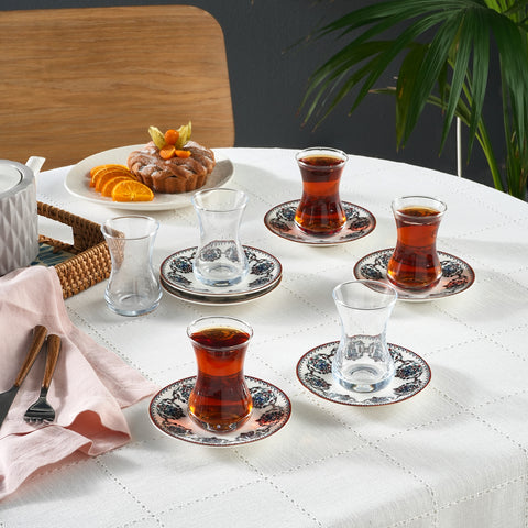Karaca Nakkas V2 12-Piece Bone China Turkish Tea Set for 6 People, 130ml, Red