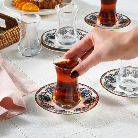 Karaca Nakkas V2 12-Piece Bone China Turkish Tea Set for 6 People, 130ml, Red