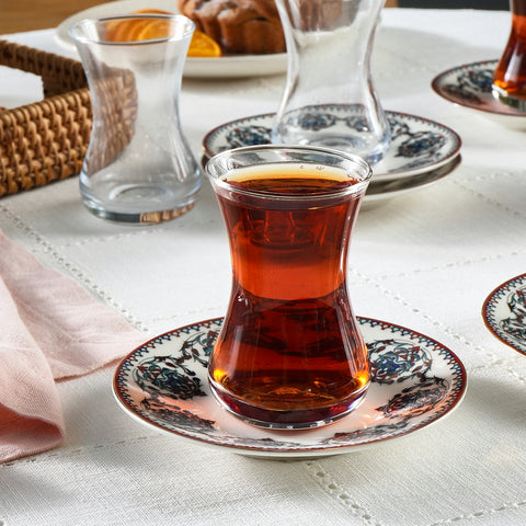 Karaca Nakkas V2 12-Piece Bone China Turkish Tea Set for 6 People, 130ml, Red