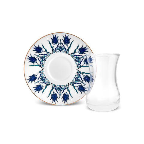 Karaca Iznik V2 12-Piece Bone China Turkish Tea Set for 6 People, 130ml, Blue