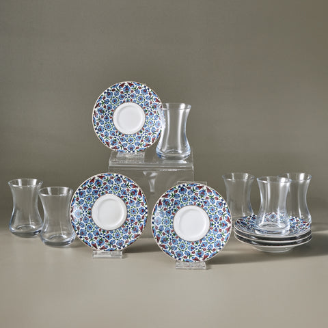 Karaca Emirgan 12-Piece Bone China Turkish Tea Set for 6 People, 130ml, Multi
