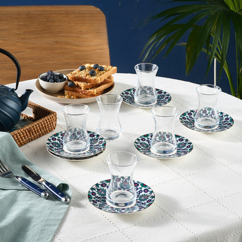 Karaca Edirne 12-Piece Bone China Turkish Tea Set for 6 People, 130ml, Multi