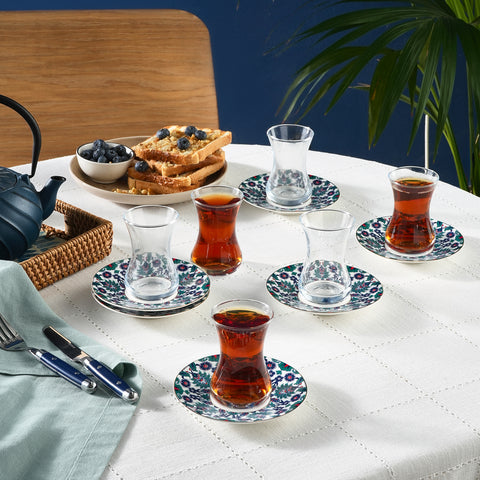 Karaca Edirne 12-Piece Bone China Turkish Tea Set for 6 People, 130ml, Multi