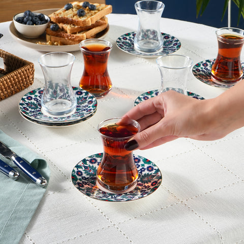 Karaca Edirne 12-Piece Bone China Turkish Tea Set for 6 People, 130ml, Multi