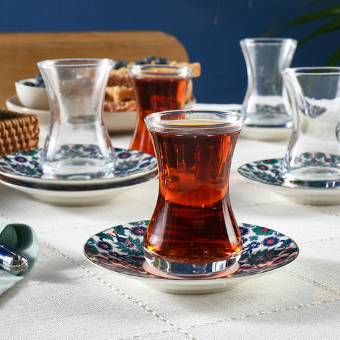Karaca Edirne 12-Piece Bone China Turkish Tea Set for 6 People, 130ml, Multi