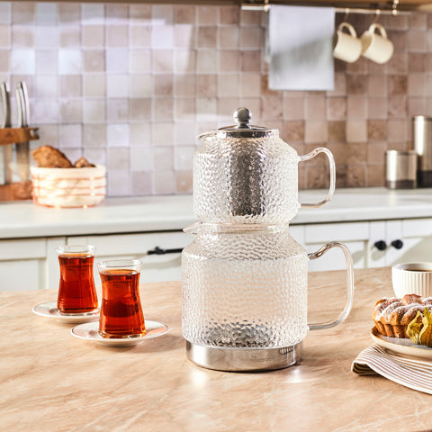 Karaca Glissia Borosilicate Glass Induction Teapot Set, Xlarge, Clear
