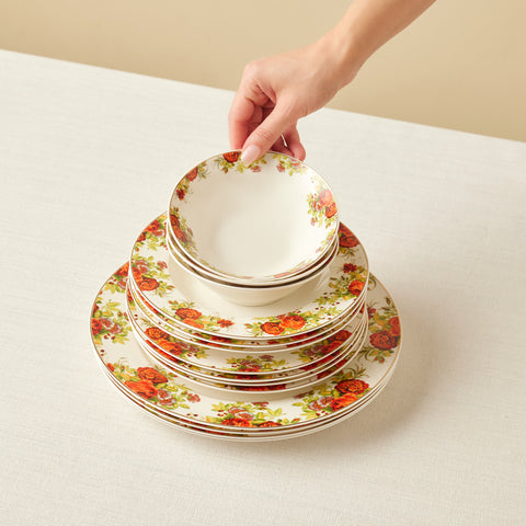 Karaca Elegance Bone China Montebello 60-Piece Dinner & Serveware Set for 8 People, Gold
