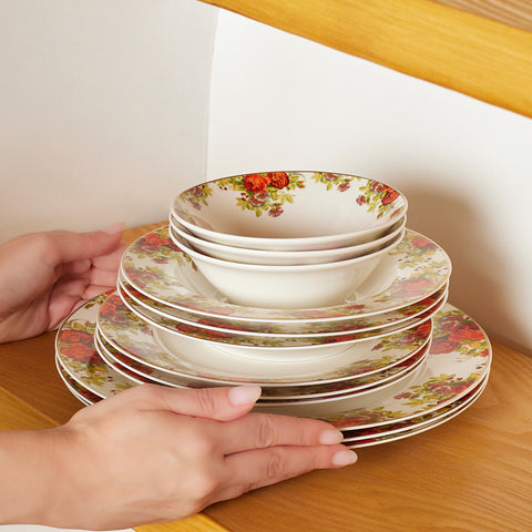 Karaca Elegance Bone China Montebello 60-Piece Dinner & Serveware Set for 8 People, Gold