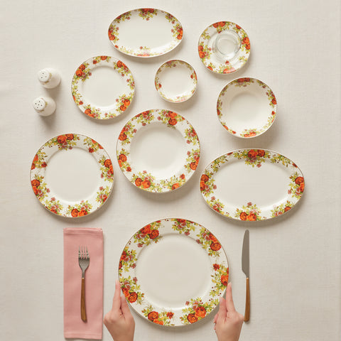 Karaca Elegance Bone China Montebello 60-Piece Dinner & Serveware Set for 8 People, Gold