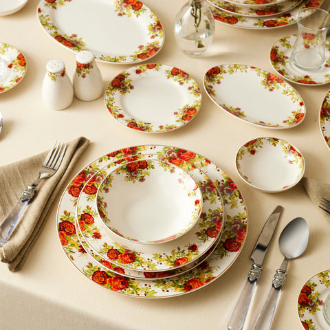 Karaca Elegance Bone China Montebello 60-Piece Dinner & Serveware Set for 8 People, Gold