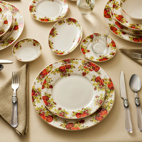 Karaca Elegance Bone China Montebello 60-Piece Dinner & Serveware Set for 8 People, Gold
