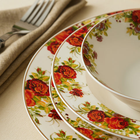 Karaca Elegance Bone China Montebello 60-Piece Dinner & Serveware Set for 8 People, Gold
