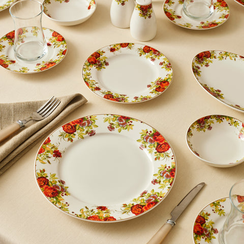 Karaca Elegance Bone China Montebello 60-Piece Dinner & Serveware Set for 8 People, Gold