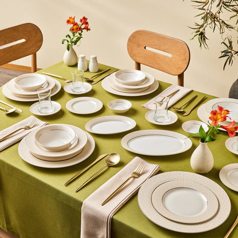 Karaca Elegance Bone China Alessa 60-Piece Dinner Set & Serveware Set for 8 People, Gold
