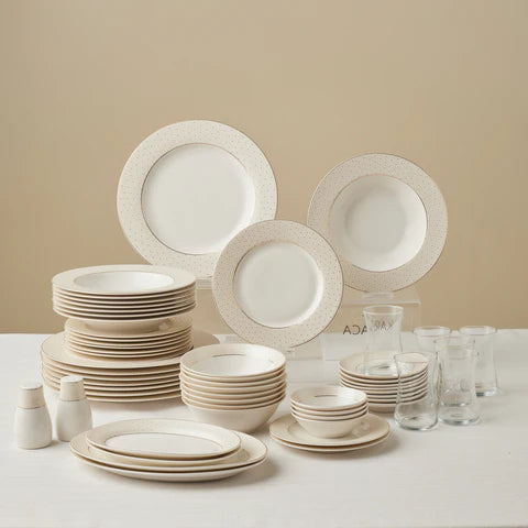 Karaca Elegance Bone China Alessa 60-Piece Dinner Set & Serveware Set for 8 People, Gold