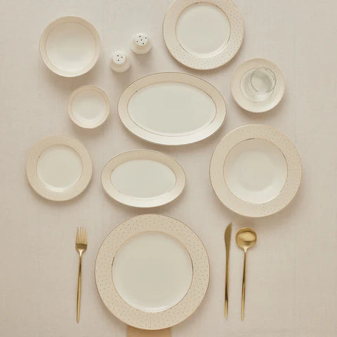 Karaca Elegance Bone China Alessa 60-Piece Dinner Set & Serveware Set for 8 People, Gold