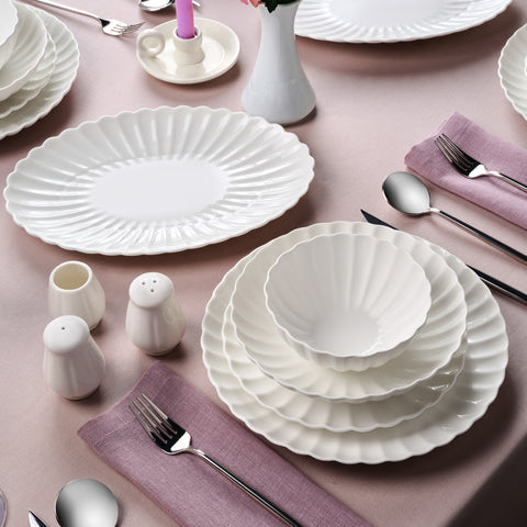 Karaca Stream Bone China Umbrella 53-Piece Dinner Set for 12 People, White