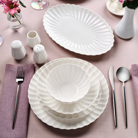 Karaca Stream Bone China Umbrella 53-Piece Dinner Set for 12 People, White