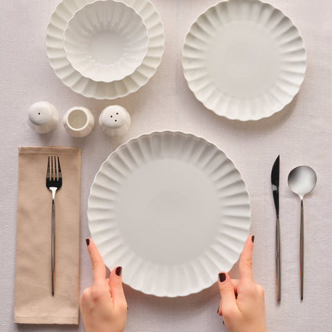 Karaca Stream Bone China Umbrella 53-Piece Dinner Set for 12 People, White