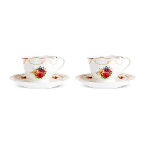 Karaca Antique 4-Piece Bone China Tea Cup and Saucer Set for 2 People, 200ml, Multi