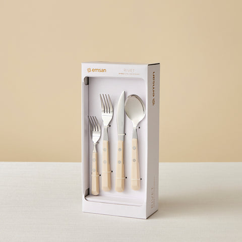Emsan Rivet 24-Piece Cutlery Set for 6 People, Cream