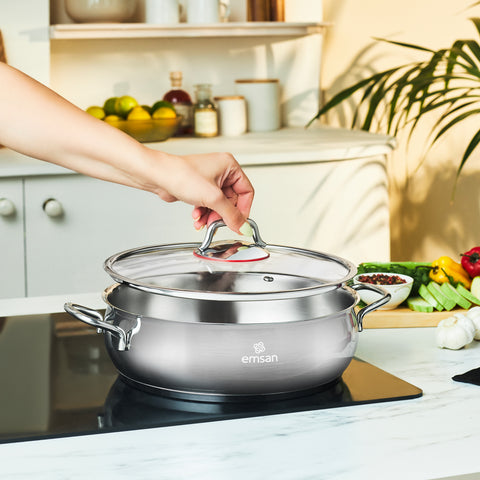 Emsan Emirgan XL 13-Piece Stainless Steel Induction Cookware Set with Storage Container, Silver Red