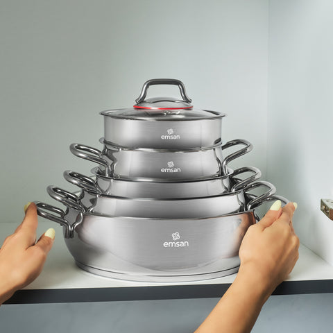 Emsan Emirgan XL 13-Piece Stainless Steel Induction Cookware Set with Storage Container, Silver Red
