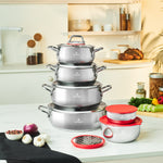 Emsan Emirgan XL 13-Piece Stainless Steel Induction Cookware Set with Storage Container, Silver Red