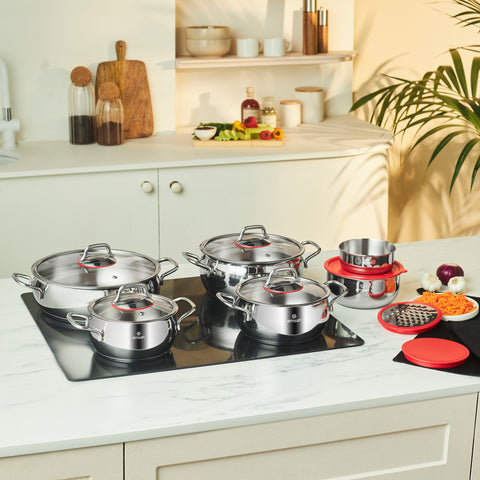Emsan Emirgan XL 13-Piece Stainless Steel Induction Cookware Set with Storage Container, Silver Red