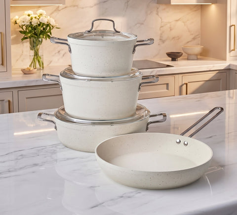 Karaca Granite Whitestone 7-Piece Non-Stick Induction Cookware Set, White