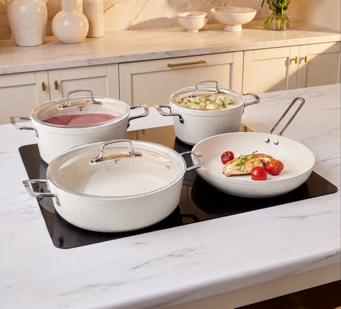 Karaca Granite Whitestone 7-Piece Non-Stick Induction Cookware Set, White