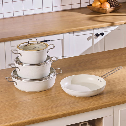 Karaca Granite Whitestone 7-Piece Non-Stick Induction Cookware Set, White