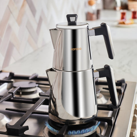 Karaca Tokyo PowerSteel Pro 316+ Stainless Steel Induction Teapot Set, Midi, Silver Black