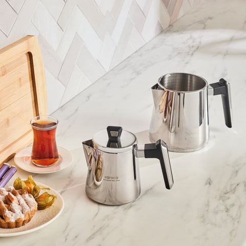 Karaca Space PowerSteel Pro 316+ Stainless Steel Induction Teapot Set, Medium, Silver Black