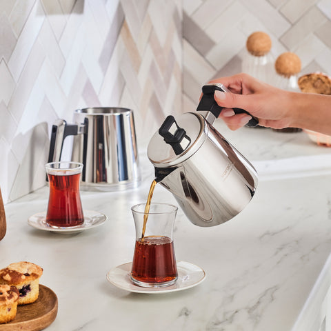 Karaca Space PowerSteel Pro 316+ Stainless Steel Induction Teapot Set, Medium, Silver Black