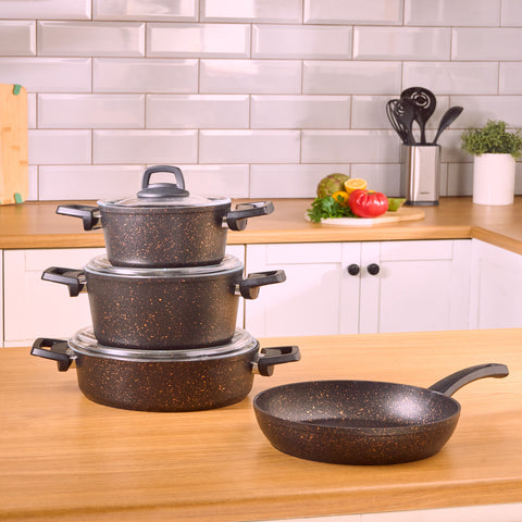 Karaca Blackgold Biogranite 7-Piece Non-Stick Cookware Set, Black Gold