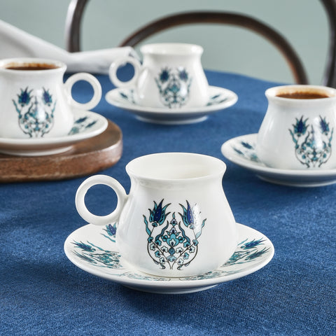 Karaca Bursa 12-Piece Porcelain Espresso Turkish Coffee Cup Set for 6 People, 90ml, Blue White