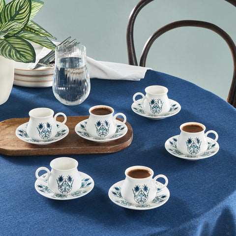 Karaca Bursa 12-Piece Porcelain Espresso Turkish Coffee Cup Set for 6 People, 90ml, Blue White
