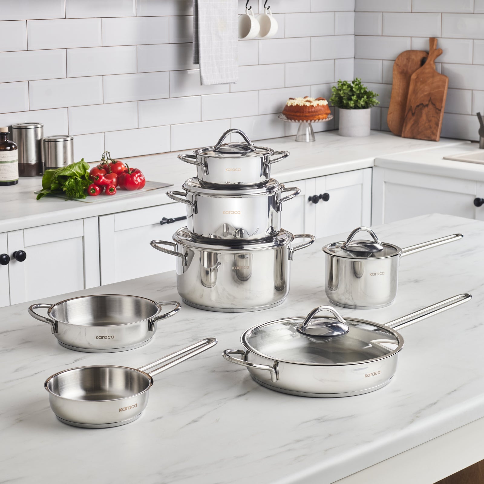 Karaca Ada V2 12-Piece Stainless Steel Induction Cookware Set, Silver