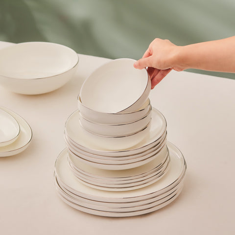 Karaca Streamline Meridian 59-Piece Fine Bone China Dinner Set for 12 People, White Platinum