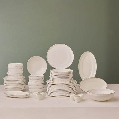 Karaca Streamline Meridian 59-Piece Fine Bone China Dinner Set for 12 People, White Platinum