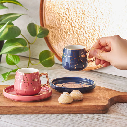 Karaca Marble 4 Piece Porcelain Espresso Turkish Coffee Cup Set for 2 People, 80ml, Multi