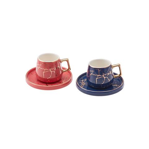 Karaca Marble 4 Piece Porcelain Espresso Turkish Coffee Cup Set for 2 People, 80ml, Multi