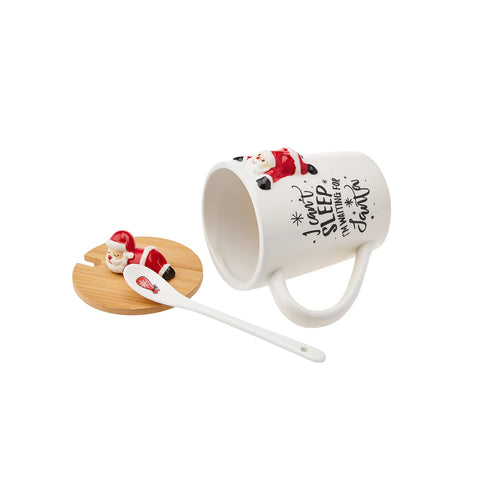Karaca New Year Christmas Santa Ceramic Mug with Lid and Spoon, 375ml, Multi