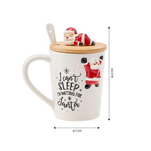 Karaca New Year Christmas Santa Ceramic Mug with Lid and Spoon, 375ml, Multi
