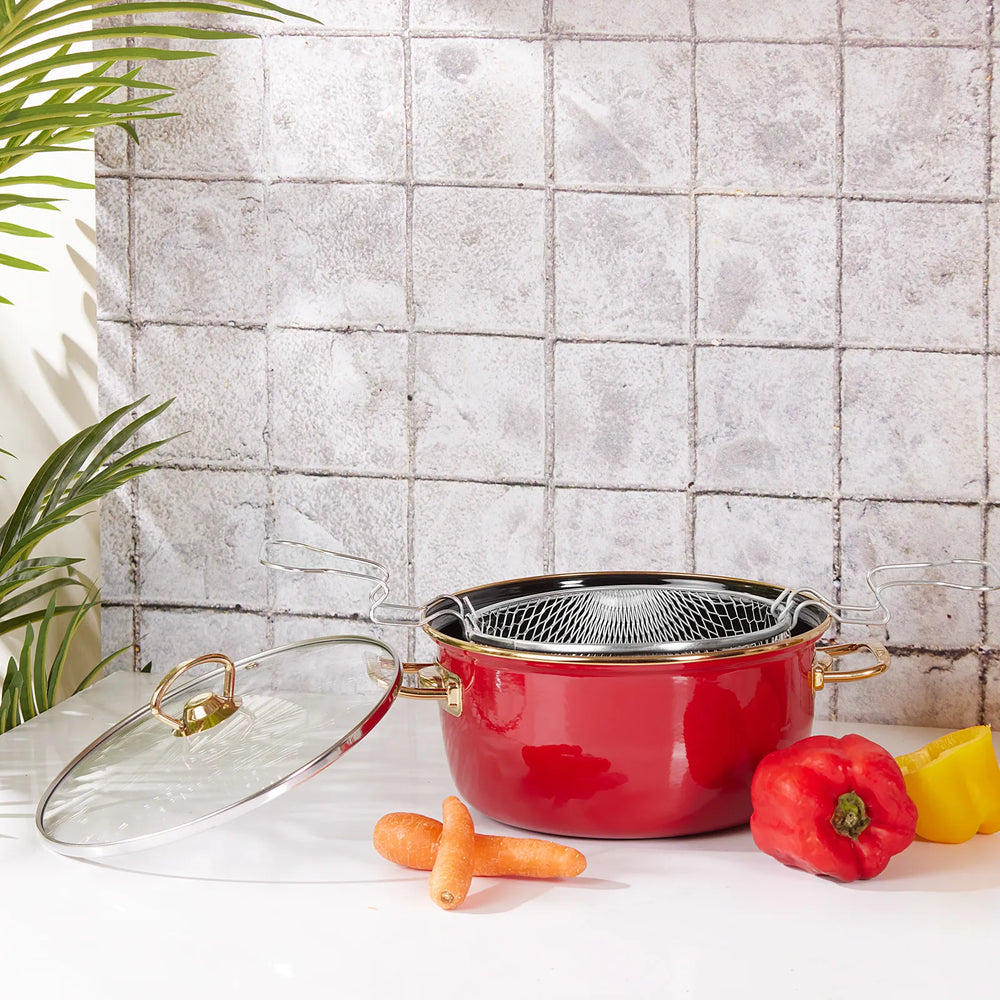 Karaca Love of Kitchen Retro Enamel Induction Frying Pot, 22cm, Red