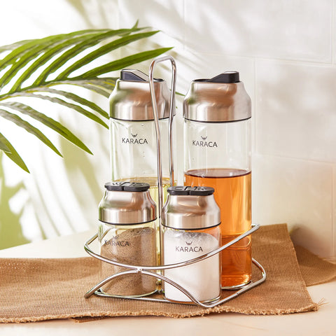 Karaca Dimple 4 Piece Glass Salad Set with Stand, Silver