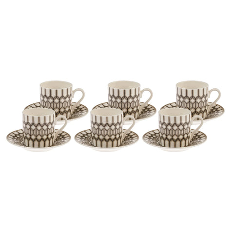 Karaca Glamour 12 Piece Porcelain Espresso Turkish Coffee Cup for 6 People, 80ml, Black White