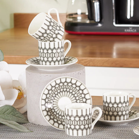 Karaca Glamour 12 Piece Porcelain Espresso Turkish Coffee Cup for 6 People, 80ml, Black White
