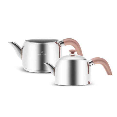 Karaca Edge Stainless Steel Induction Teapot Set, Small, Silver Rose